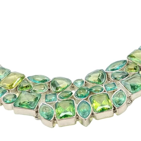 Statement Green Glass Stone Bib Necklace Silver Tone Chunky Collar Boho Jewelry - Picture 4 of 16
